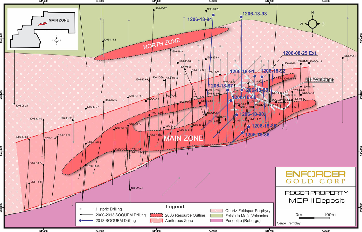 2018 drill plan at the Mop II deposit at the Roger project. Credit: Enforcer Gold