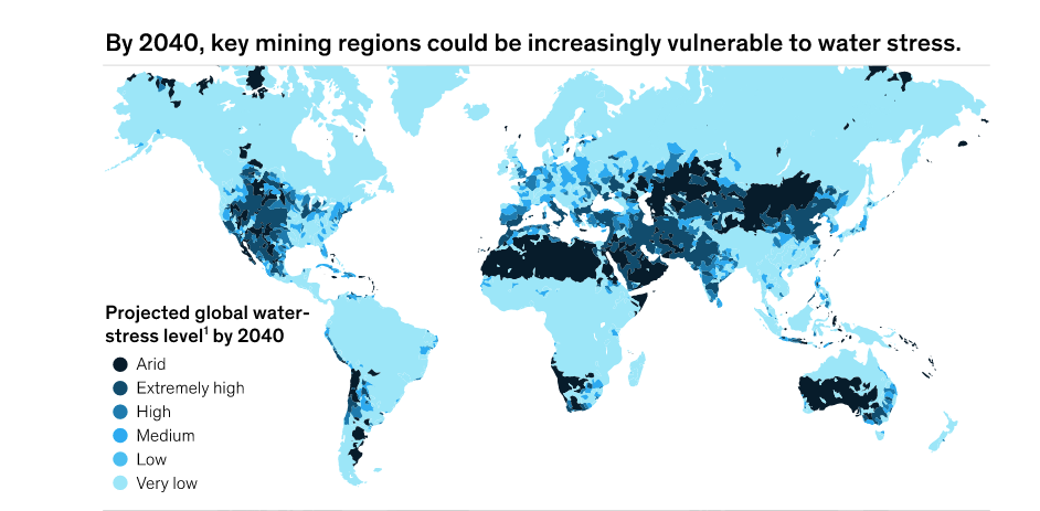 An image from the McKinsey & Co. report Climate Risk & Decarbonization depicting areas projected to be under water stress in 2040. Credit: McKinsey & Co.