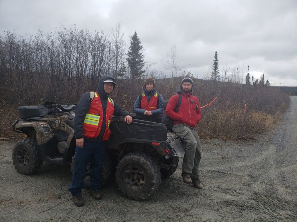 Akito Takeuchi and Sho Aibe of Sumitomo Metal Mining with Francis MacDonald, VP Exploration of Kenorland Minerals at the Frotet project in Quebec. Credit: Kenorland Minerals